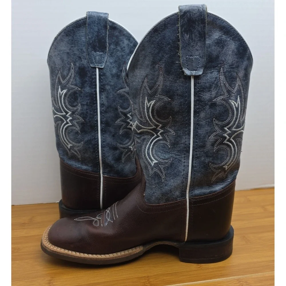 Old West Youth Unisex Broad Square Brown Blue Leather Cowboy Boots 1914 5D